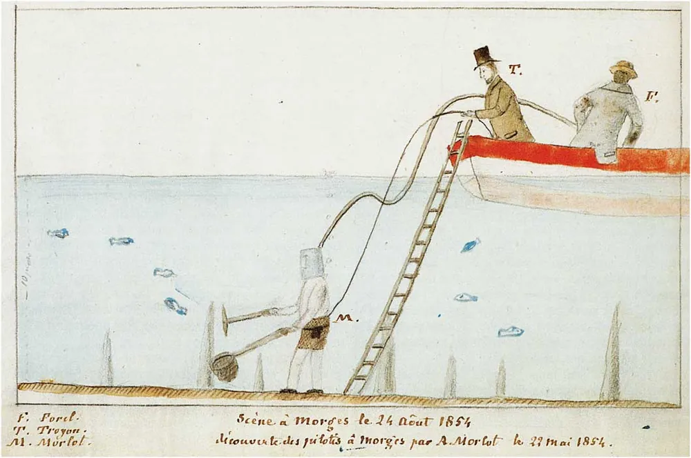 Illustration of the discovery of the pile dwellings in 1854